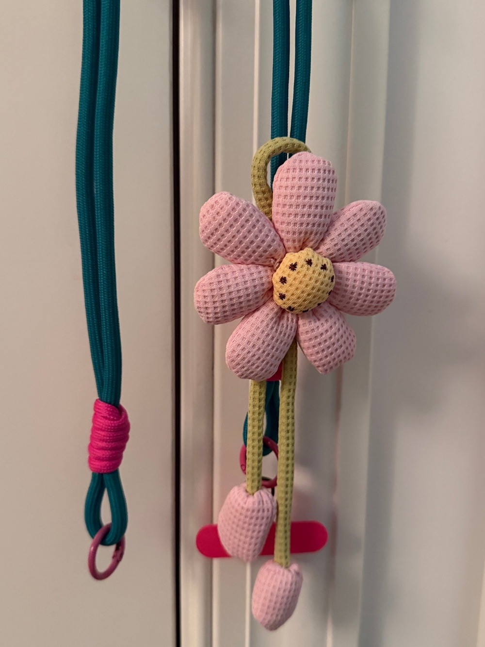 Pink Floral Crochet Phone Case Lanyard with Teal Accent - Picture 2 of 6